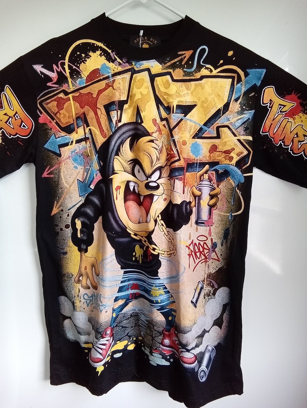 Apple Black Taz AOP Graphic Tee with Gold Logo and Multicolor Front Print - Picture 4 of 10